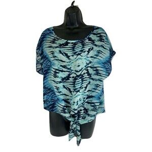 Copper Key Womens Top Blouse Sz L Sheer Blue & White Tie-dye Print Tie-Front